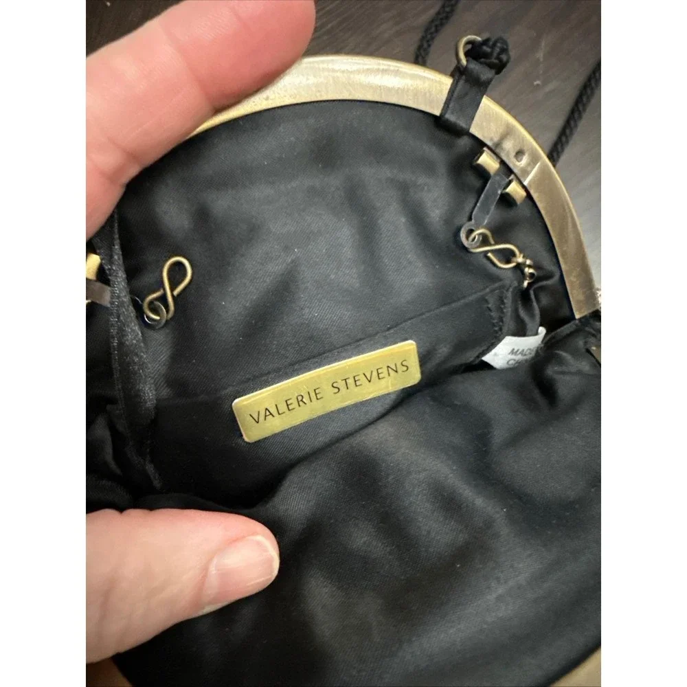 Valerie Stevens‎ Black Beaded Embroidered Evening Bag Kiss Lock Crossbody Mirror